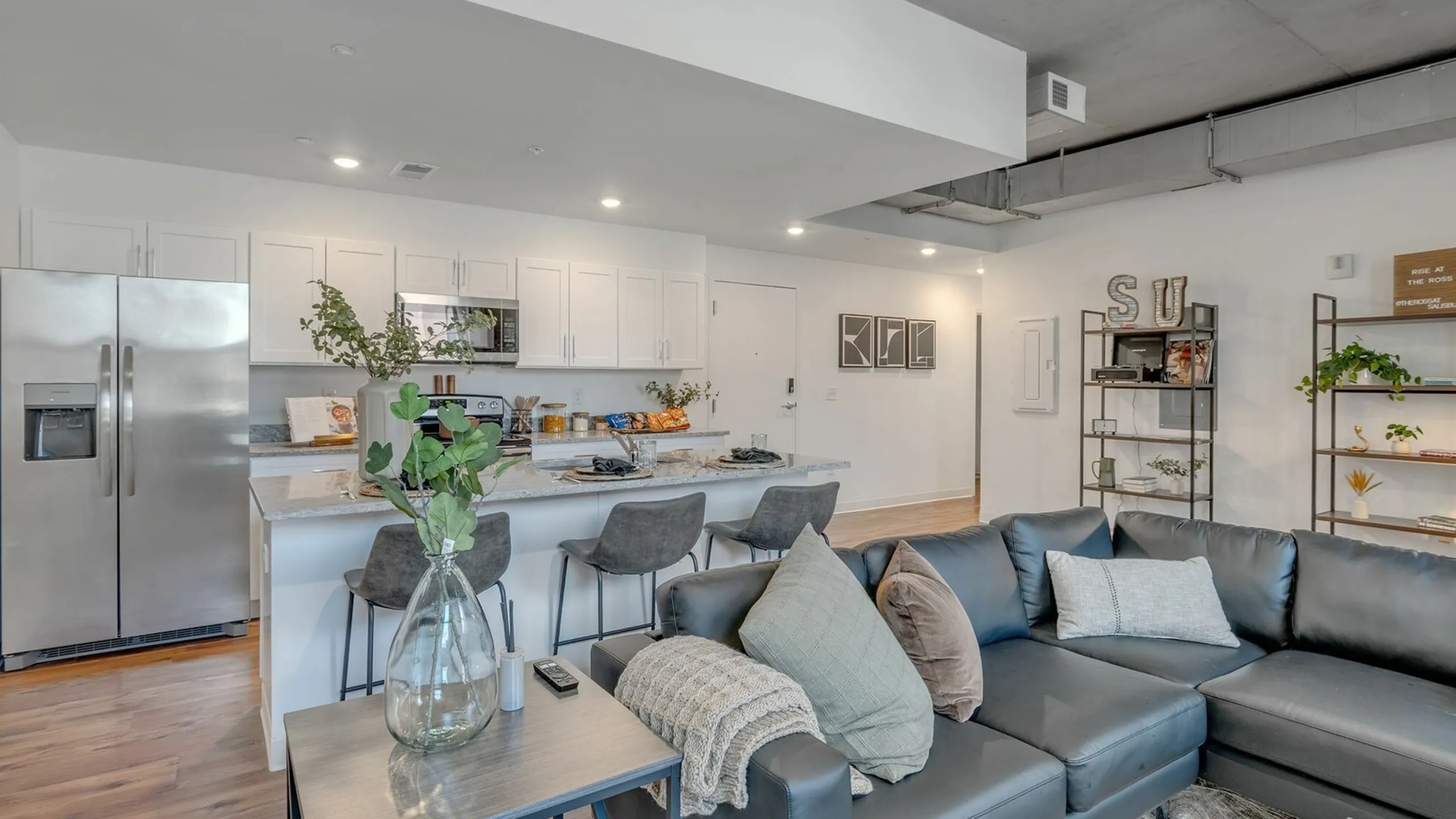 Modern open-concept apartment kitchen and living room